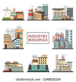 Set of industry buildings in vector. Urban Factory Landscape manufactory of power electricity