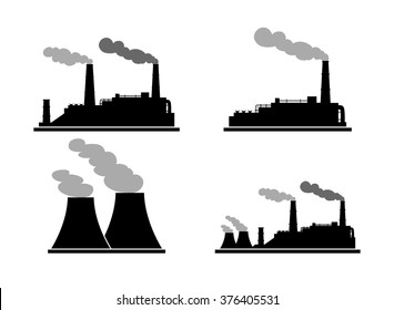 Set of industry factory building icons. Plant and factory, power and smoke, oil and energy. Vector illustration of eco factory