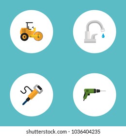 Set of industry icons flat style symbols with jackhammer, road roller, drill and other icons for your web mobile app logo design.