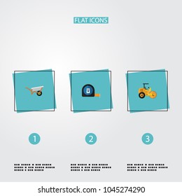 Set of industry icons flat style symbols with road roller, tape measure, wheelbarrow and other icons for your web mobile app logo design.