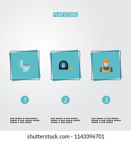 Set of industry icons flat style symbols with toilet, builder, tape measure and other icons for your web mobile app logo design.