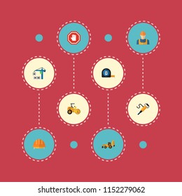 Set of industry icons flat style symbols with road roller, helmet, tractor backhoe loader and other icons for your web mobile app logo design.