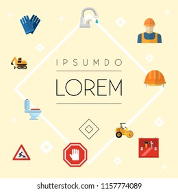 Set of industry icons flat style symbols with work gloves, toolbox, road roller and other icons for your web mobile app logo design.