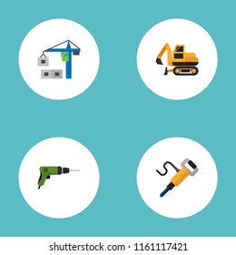 Set of industry icons flat style symbols with jackhammer, drill, tower crane and other icons for your web mobile app logo design.