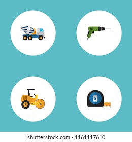 Set of industry icons flat style symbols with road roller, concrete mixer, drill and other icons for your web mobile app logo design.