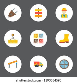 Set of industry icons flat style symbols with dump truck, open barrier, builder and other icons for your web mobile app logo design.