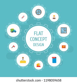 Set of industry icons flat style symbols with casement, crane hook, construction site and other icons for your web mobile app logo design.