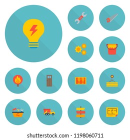 Set of industry icons flat style symbols with paint bucket, dump truck, hand saw icons for your web mobile app logo design.