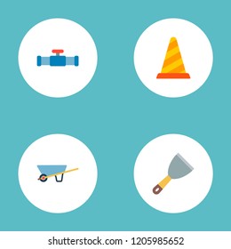 Set of industry icons flat style symbols with wheel barrow, warning cone, pipeline and other icons for your web mobile app logo design.