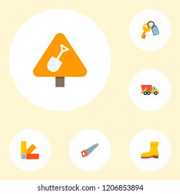 Set of industry icons flat style symbols with construction work sign, hand saw, color swatches icons for your web mobile app logo design.