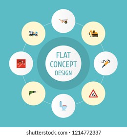 Set of industry icons flat style symbols with wheelbarrow, toolbox, toilet and other icons for your web mobile app logo design.