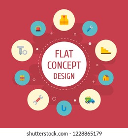 Set of industry icons flat style symbols with garbage truck, alarm, wrench and other icons for your web mobile app logo design.