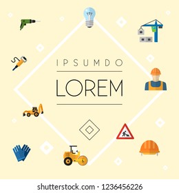 Set of industry icons flat style symbols with tower crane, helmet, work gloves and other icons for your web mobile app logo design.
