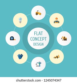 Set of industry icons flat style symbols with work gloves, road roller, tower crane and other icons for your web mobile app logo design.