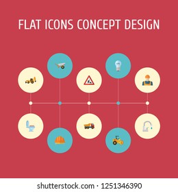 Set of industry icons flat style symbols with workman sign, helmet, tractor backhoe loader and other icons for your web mobile app logo design.