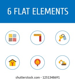 Set of industry icons flat style symbols with floor wood types, flame warning, excavator and other icons for your web mobile app logo design.
