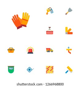 Set of industry icons flat style symbols with dump truck, putty knife, worker gloves and other icons for your web mobile app logo design.