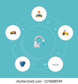 Set of industry icons flat style symbols with road roller, water tap, dumper truck and other icons for your web mobile app logo design.