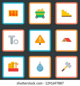 Set of industry icons flat style symbols with bolt, trolley, warning and other icons for your web mobile app logo design.