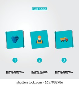 Conjunto de iconos de la industria símbolos de estilo plano con guantes de trabajo, constructor, coche de maniquí y otros iconos para el diseño del logotipo de su aplicación móvil web.