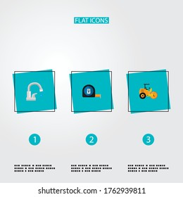 Conjunto de iconos de la industria símbolos de estilo plano con medida de cinta, rodillo de carretera, grifo de agua y otros iconos para el diseño del logotipo de la aplicación móvil web.
