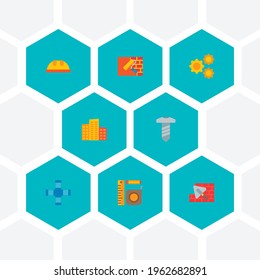 Set of industry icons flat style symbols with screw, safety helmet, wall painting and other icons for your web mobile app logo design.
