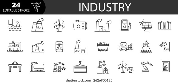 Set of industry icons. Production, machine, manufacture, warehouse, fabrication. Vector illustration.