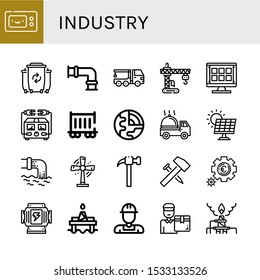 Set of industry icons. Such as Microwave, Waste, Pipe, Crane truck, Crane, Grid, Electric meter, Railway carriage, Geology, Delivery truck, Solar energy, Turbine , industry icons