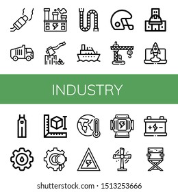 Set of industry icons such as Pollution, Garbage truck, Factory, Axe, Pipe, Boat, Helmet, Crane, Under construction, Configuration, Overall, Cogwheel, d printer, Gear , industry