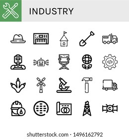 Set of industry icons such as Tools, Hat, Keyboard, Tower, Shovel, Truck, Welder, Robot, Director chair, Ecology, Settings, Claws, Windmill, Microscope, Hammer, Engineer , industry