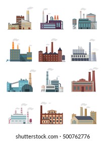 Set of industry manufactory building icons. Factories producing oil and gas, metals and rubber, energy and power. Destroying nature. Collection of eco friendly factories. Vector illustration