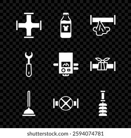 Set Industry metallic pipe, Bottle for cleaning agent, Broken, Rubber plunger, and valve, Toilet brush, Wrench spanner and Gas boiler icon. Vector