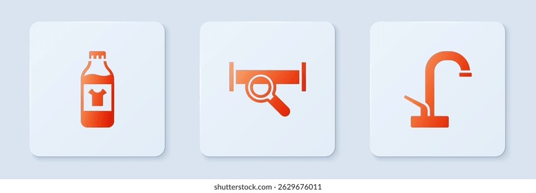 Set Industry metallic pipe, Bottle for cleaning agent and Water tap. White square button. Vector