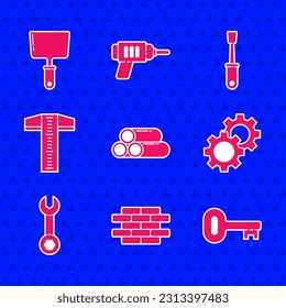 Set Industry metallic pipe, Bricks, Old key, Gear, Wrench spanner, T-square line, Screwdriver and Putty knife icon. Vector