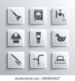 Set Industry metallic pipe, Brush for cleaning, Rubber duck, Tube of toothpaste, Hairbrush, Bathrobe, plunger and Water tap icon. Vector