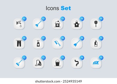 Set Industry metallic pipe, Cleaning spray with detergent, Rubber plunger, Mop, Electric iron, Bottle for, Water tap and Brush cleaning icon. Vector