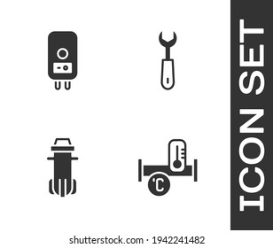 Ajuste tubería metálica de la industria, caldera eléctrica, filtro de agua e icono de llave inglesa. Vector