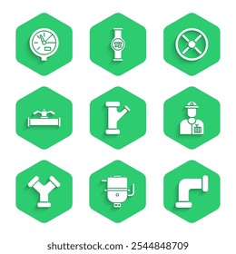 Definir tubulação metálica da indústria, caldeira elétrica para aquecimento de água, encanador e válvula, e ícone de medidor de água. Vetor