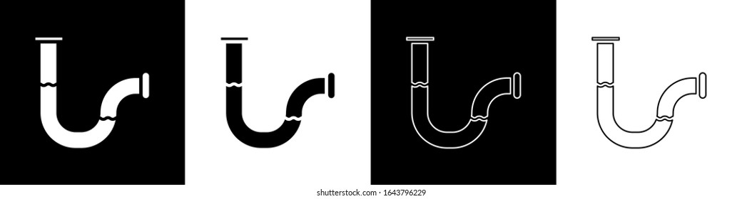 Set Industry metallic pipe icon isolated on black and white background. Plumbing pipeline parts of different shapes.  Vector Illustration