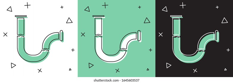 Set Industry metallic pipe icon isolated on white and green, black background. Plumbing pipeline parts of different shapes.  Vector Illustration