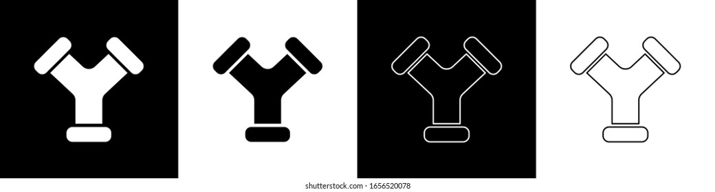 Set Industry metallic pipe icon isolated on black and white background. Plumbing pipeline parts of different shapes.  Vector Illustration