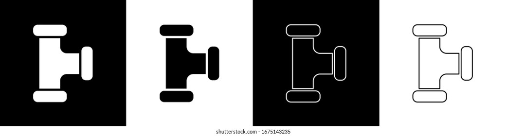 Set Industry metallic pipe icon isolated on black and white background. Plumbing pipeline parts of different shapes.  Vector Illustration