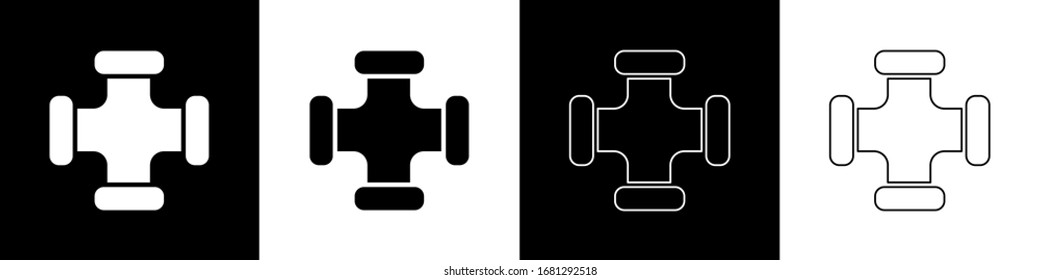 Ajuste el icono de tubería metálica de la industria aislado en fondo blanco y negro. Piezas de tubería de fontanería de diferentes formas. Ilustración vectorial