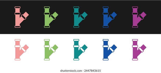 Set Industry metallic pipe icon isolated on black and white background. Plumbing pipeline parts of different shapes.  Vector