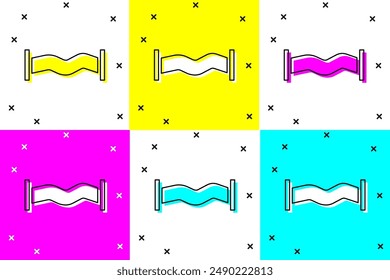 Legen Sie das Symbol für Metallrohre der Industrie auf farbigem Hintergrund isoliert fest. Sanitärrohrleitungen aus verschiedenen Formen.  Vektorgrafik