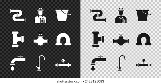 Set Industry metallic pipe, Plumber, Bucket, Water tap, and manometer,  and valve icon. Vector
