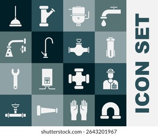 Set Indústria tubulação metálica, encanador, filtro de água, caldeira elétrica para aquecimento de água, torneira, êmbolo de borracha e ícone de válvula. Vetor