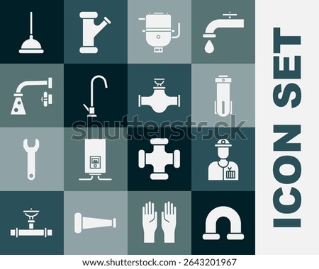 Set Industry metallic pipe, Plumber, Water filter, Electric boiler for heating water, tap, Rubber plunger and and valve icon. Vector