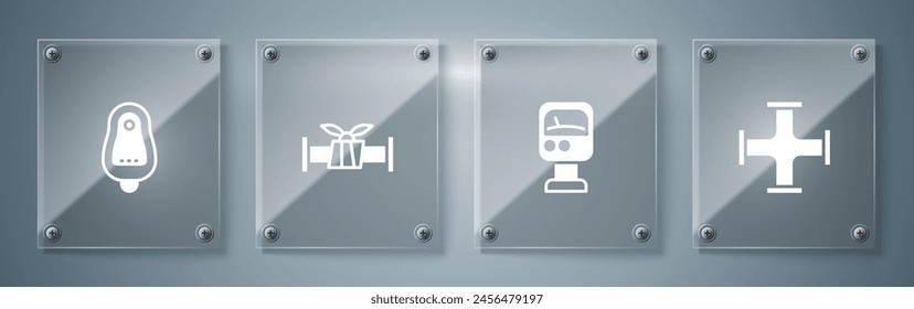 Set Tubo metálico de la industria, medidor de agua a presión y urinario o depósito de inodoro. Paneles de vidrio cuadrado. Vector