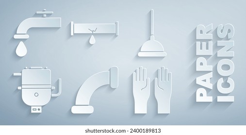 Set Industry metallic pipe, Rubber plunger, Electric boiler for heating water, gloves, Broken with leaking and Water tap icon. Vector